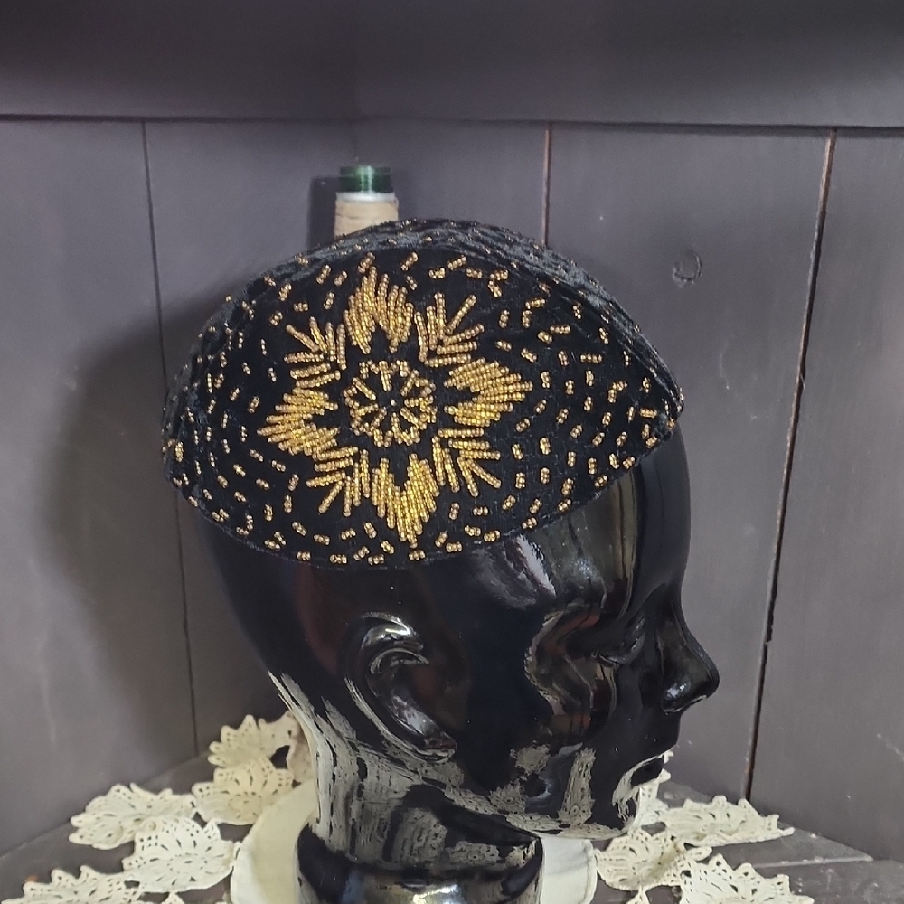 VTG Black Hat with Gold Bead Design